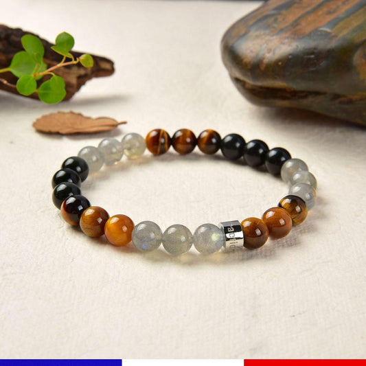 Bracelet «Protection Ultime» en Œil de tigre d’Afrique du Sud, Obsidienne noire du Mexique et Labradorite du Canada